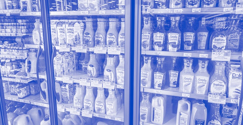 Miami, Surfside, Florida, Publix grocery store, refrigerated case with orange juice and fruit juices...