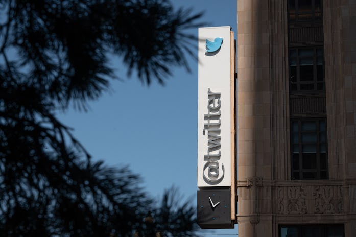 The Twitter logo is seen outside their headquarters on April 26, 2022 in downtown San Francisco, Cal...