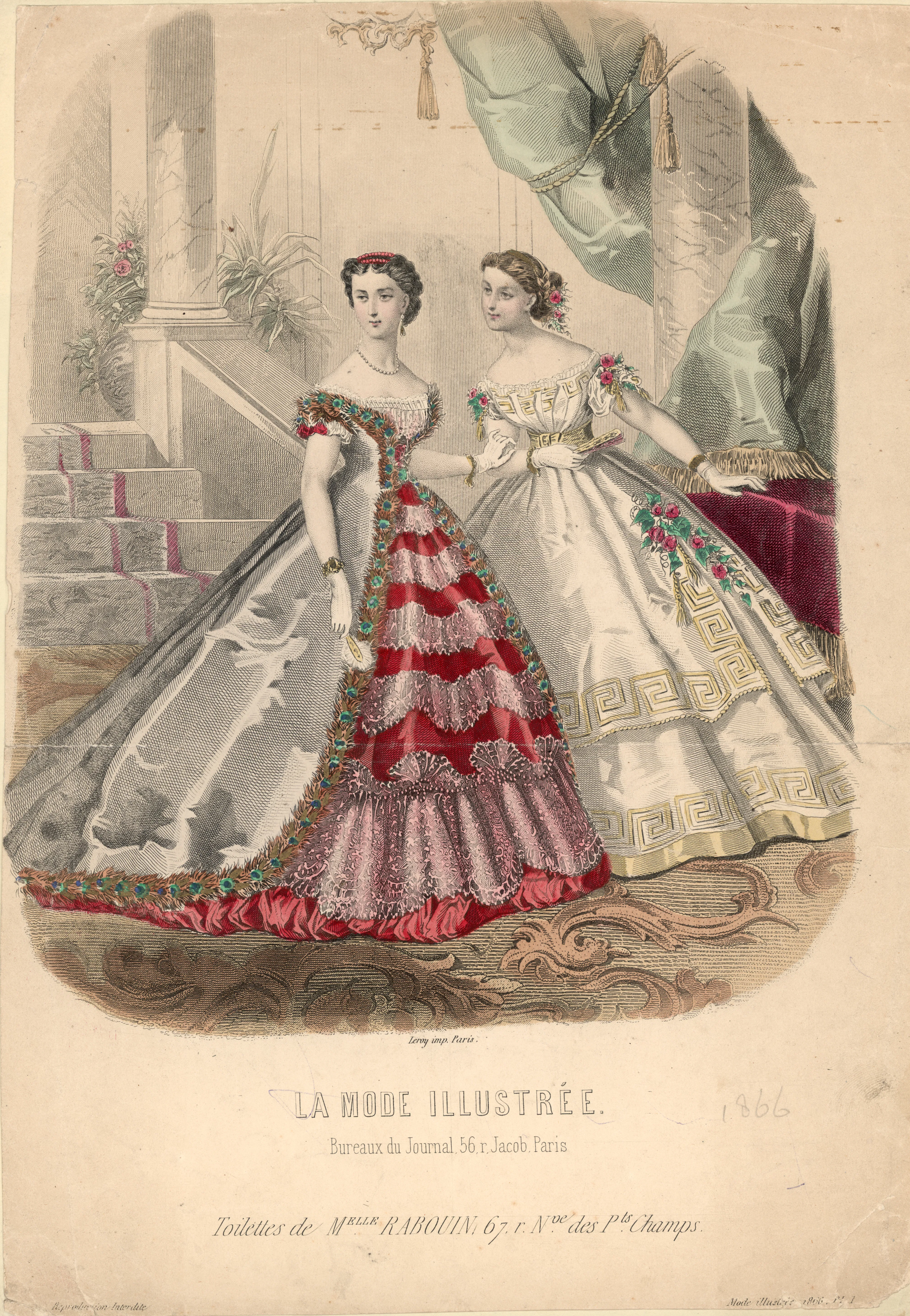 1866:  A victorian fashion plate from 'La Mode Illustree', showing two ladies in extravagant hooped ...