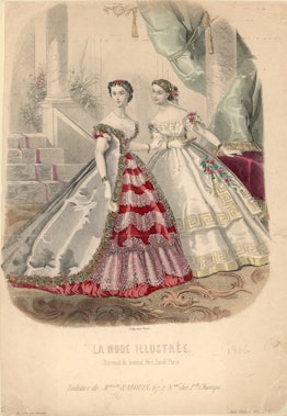 1866:  A victorian fashion plate from 'La Mode Illustree', showing two ladies in extravagant hooped ...