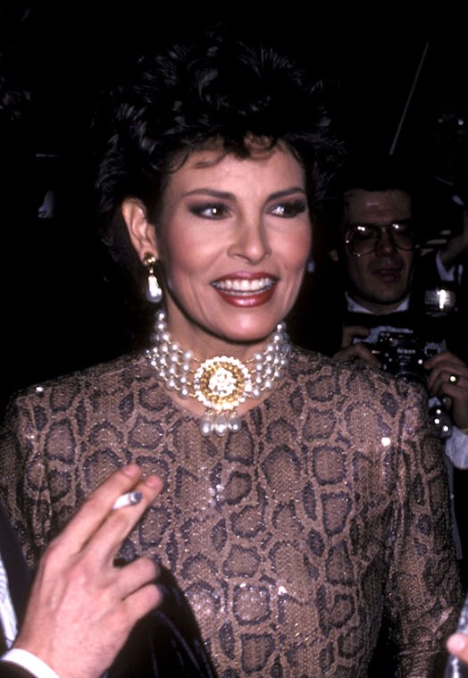 Raquel Welch leopard gown and frosted lipstick at Met Gala 1982