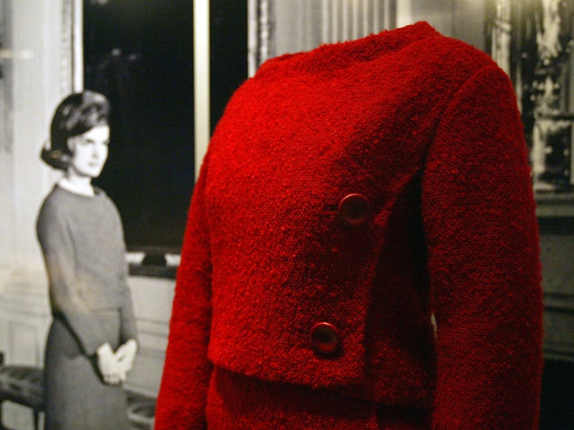 CHICAGO - NOVEMBER 12: A red dress worn by Jacqueline Kennedy is displayed at the Jacqueline Kennedy...