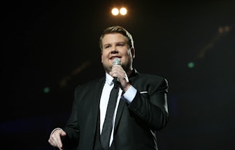 LONDON, ENGLAND - FEBRUARY 15: Host James Corden on stage during The BRIT Awards 2011 at The O2 on F...