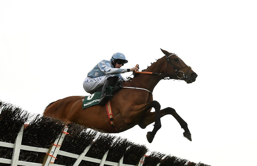 Kildare , Ireland - 29 April 2022; Honeysuckle, with Rachael Blackmore up, jumps the last on their w...