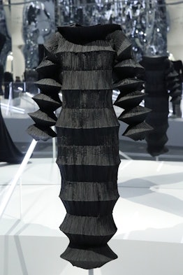NEW YORK, NEW YORK - OCTOBER 26: A 1994 Issey Miyake "Flying Saucer" dress on display at the press p...