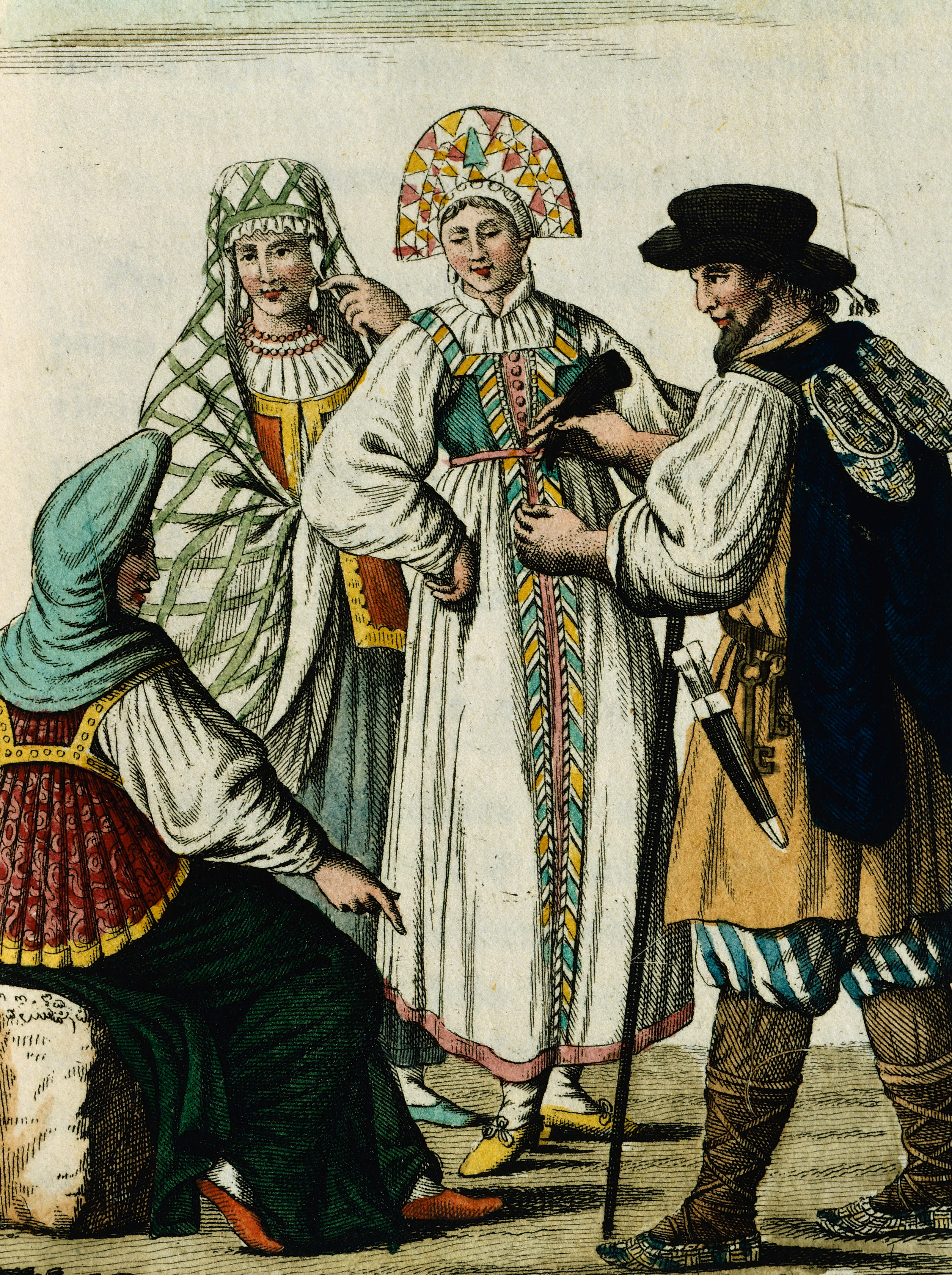 RUSSIA - APRIL 30:  Traditional costumes, from Journey from St. Petersburg to Moscow by Georg Reinbe...