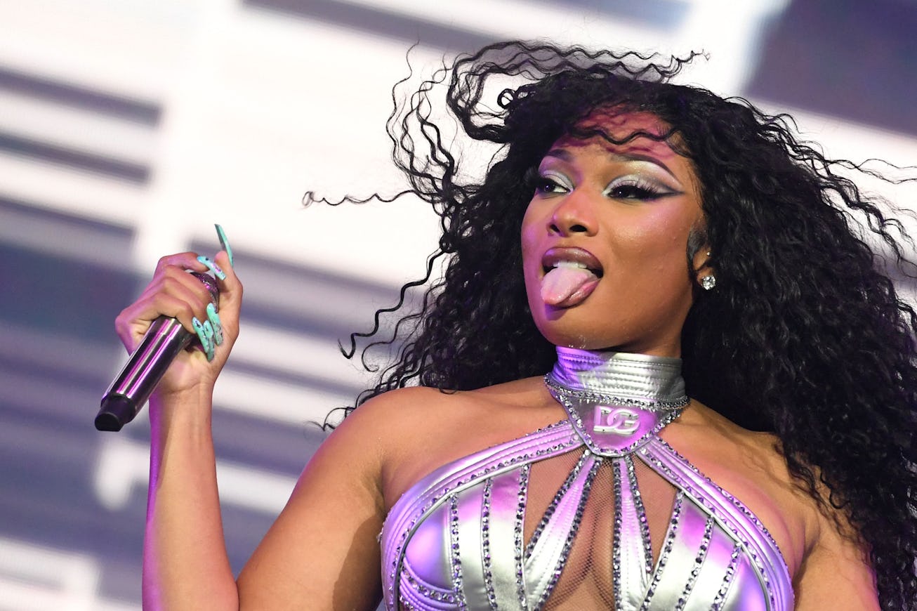 US rapper Megan Thee Stallion performs onstage at the Coachella Valley Music and Arts Festival in In...