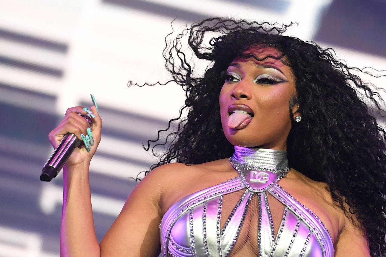 US rapper Megan Thee Stallion performs onstage at the Coachella Valley Music and Arts Festival in In...