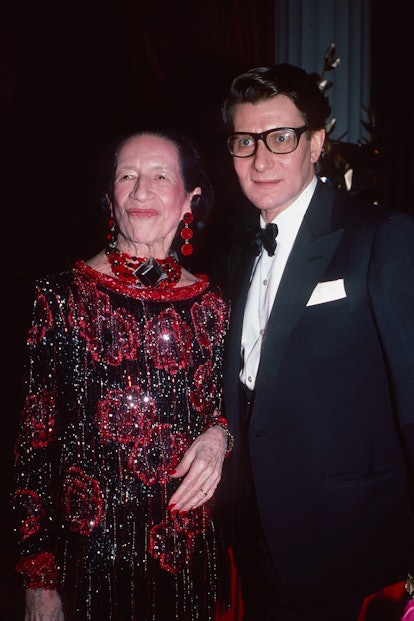 French-born American fashion editor Diana Vreeland (1903 - 1989) and French fashion designer Yves Sa...