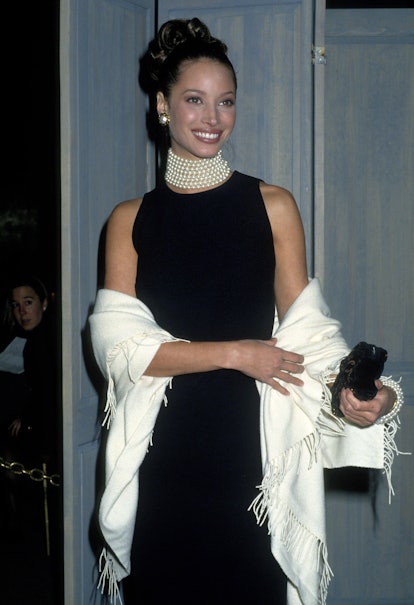 Christy Turlington pearl choker and curly bun at Met Gala 1992