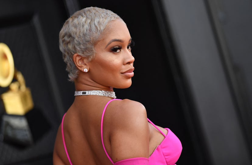 US rapper Saweetie arrives for the 64th Annual Grammy Awards at the MGM Grand Garden Arena in Las Ve...
