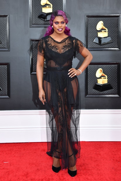 Laverne Cox arrives for the 64th Annual Grammy Awards