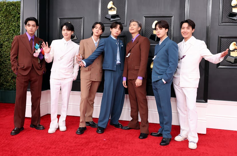 LAS VEGAS, NEVADA - APRIL 03: BTS attends the 64th Annual GRAMMY Awards at MGM Grand Garden Arena on...