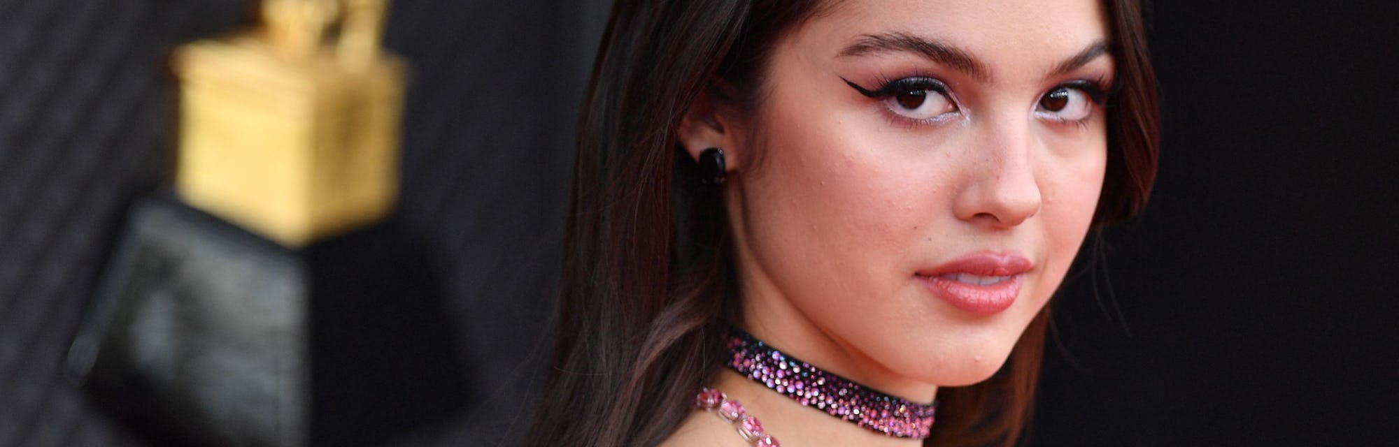 US singer Olivia Rodrigo arrives for the 64th Annual Grammy Awards at the MGM Grand Garden Arena in ...