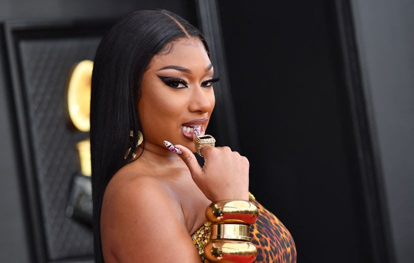 US rapper Megan Thee Stallion arrives for the 64th Annual Grammy Awards at the MGM Grand Garden Aren...