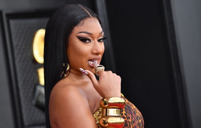 US rapper Megan Thee Stallion arrives for the 64th Annual Grammy Awards at the MGM Grand Garden Aren...
