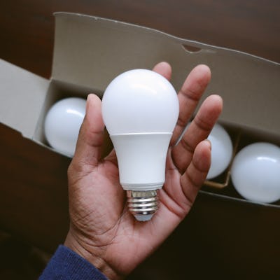 High angle view of unrecognizable black woman holding new LED light bulb