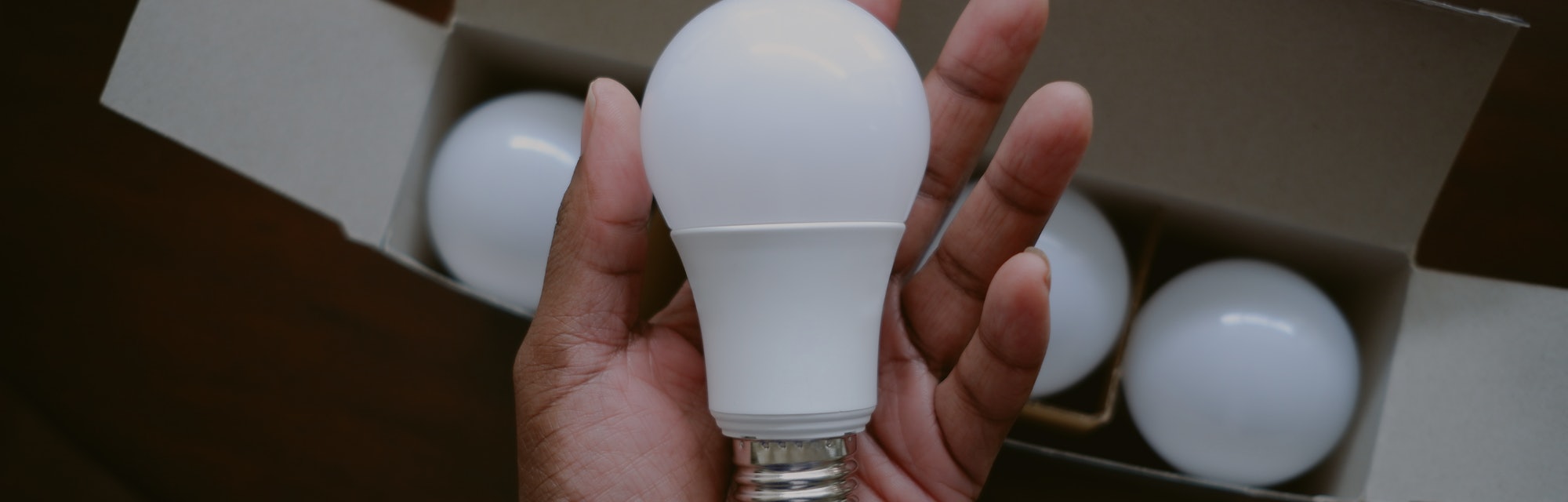 High angle view of unrecognizable black woman holding new LED light bulb