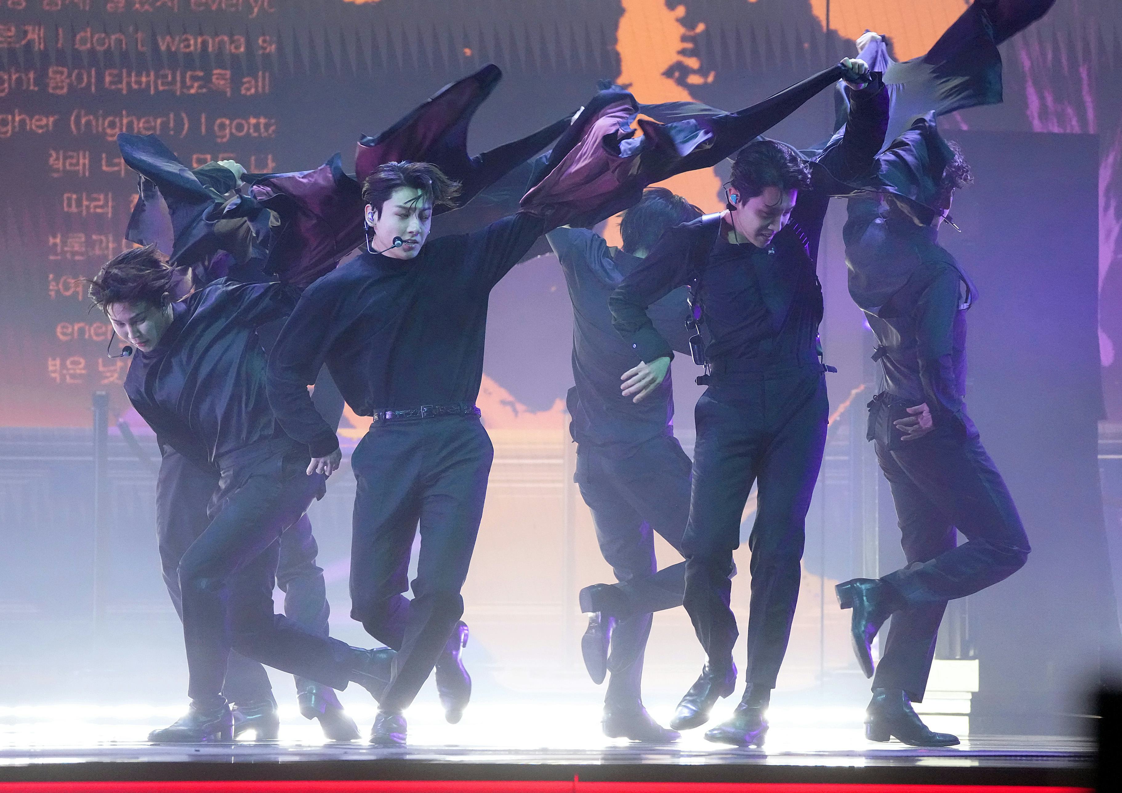 LAS VEGAS, NEVADA - APRIL 03: BTS perform onstage during the 64th Annual GRAMMY Awards at MGM Grand ...