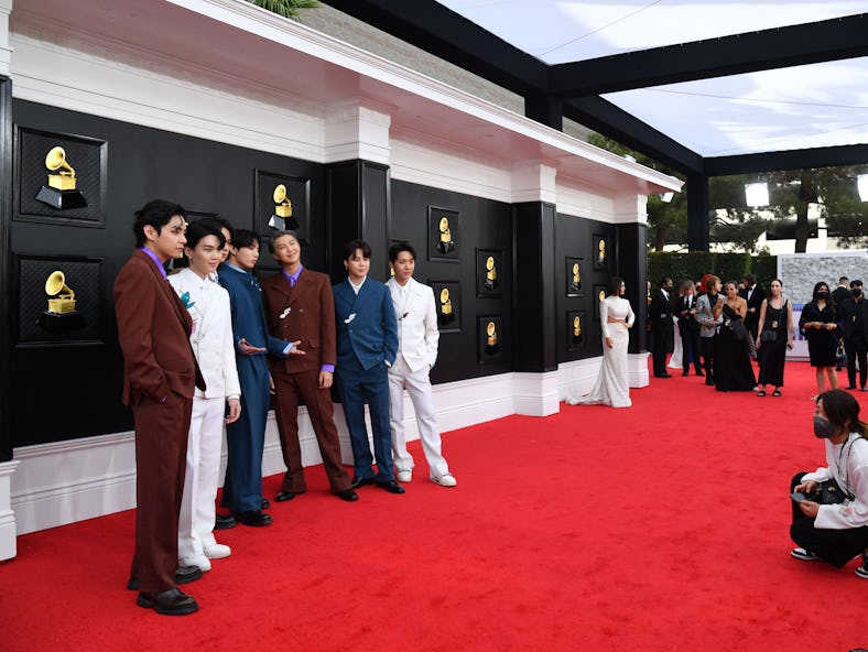 South Korean boy band BTS arrives for the 64th Annual Grammy Awards at the MGM Grand Garden Arena in...
