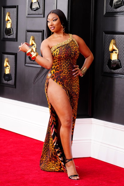 megan thee stallion wears leopard print dress on the 2022 Grammys red carpet