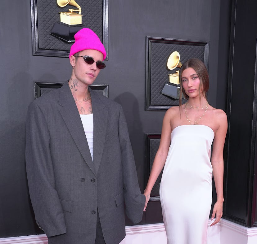 LAS VEGAS, NEVADA - APRIL 03: (L-R) Justin Bieber and Hailey Bieber attend the 64th Annual GRAMMY Aw...