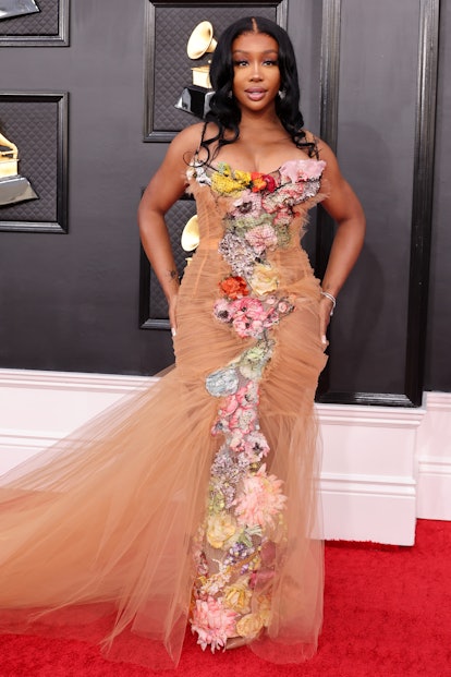 sza wears floral tulle dress on the 2022 Grammys red carpet