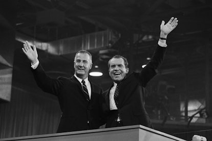(Original Caption) 8/9/1968-Miami, FL: Gov. Spiro Agnew (L) of Maryland and Richard M. Nixon, vice-p...