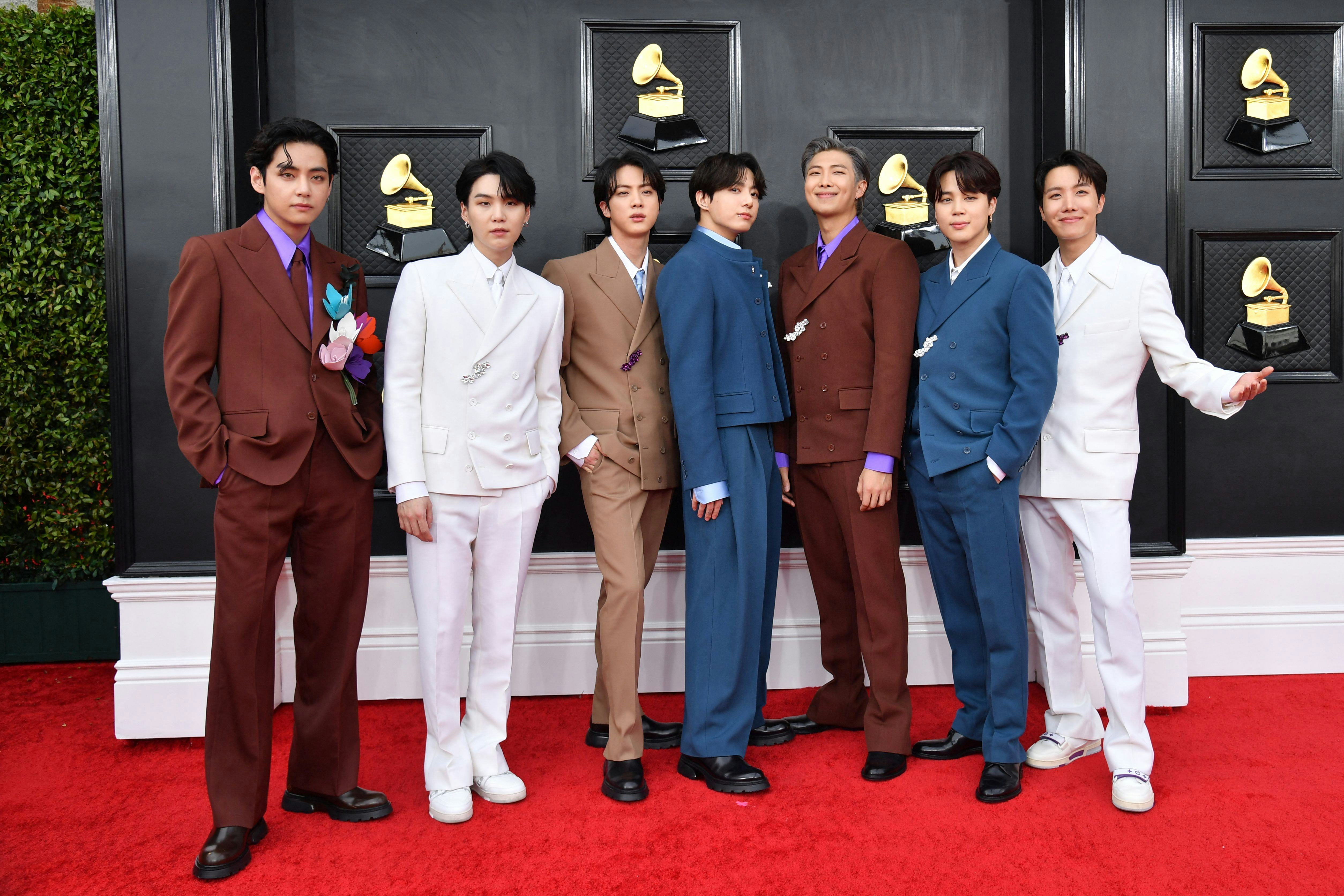 K-pop group BTS on the 2022 Grammys red carpet.
