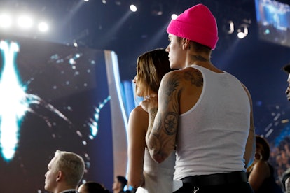 LAS VEGAS, NEVADA - APRIL 03: (L-R) Hailey Bieber and Justin Bieber attend the 64th Annual GRAMMY Aw...