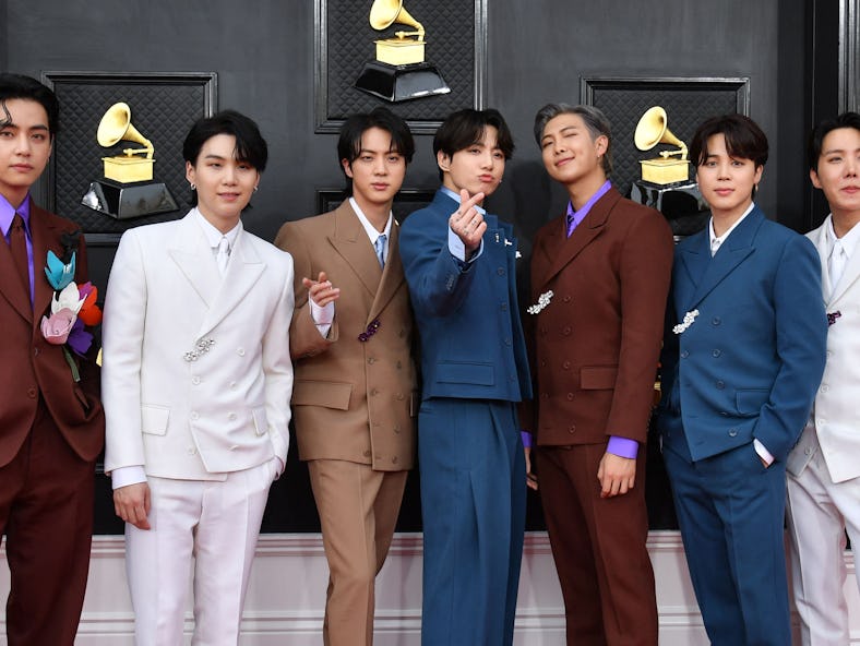 South Korean boy band BTS arrives for the 64th Annual Grammy Awards at the MGM Grand Garden Arena in...