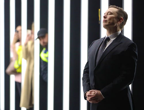 GRUENHEIDE, GERMANY - MARCH 22: (Alternate crop of #1239417601) Tesla CEO Elon Musk contemplates dur...