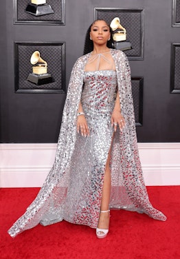 chloe bailey wears silver sequin dress on the 2022 Grammys red carpet