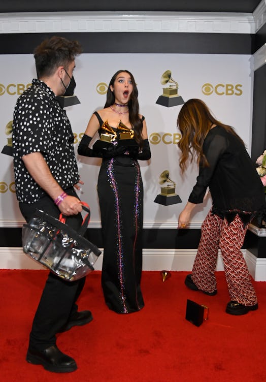 Olivia Rodrigo poses in the winners photo room during the 64th Annual GRAMMY Awards at MGM Grand Gar...