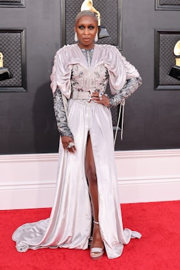 Cynthia Erivo wears an embellished dress on the 2022 grammys red carpet