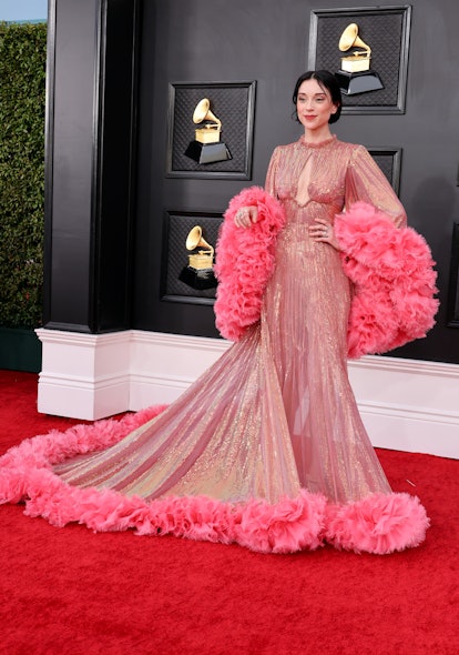 st. vincent wears pink ruffled dress on the 2022 Grammys red carpet