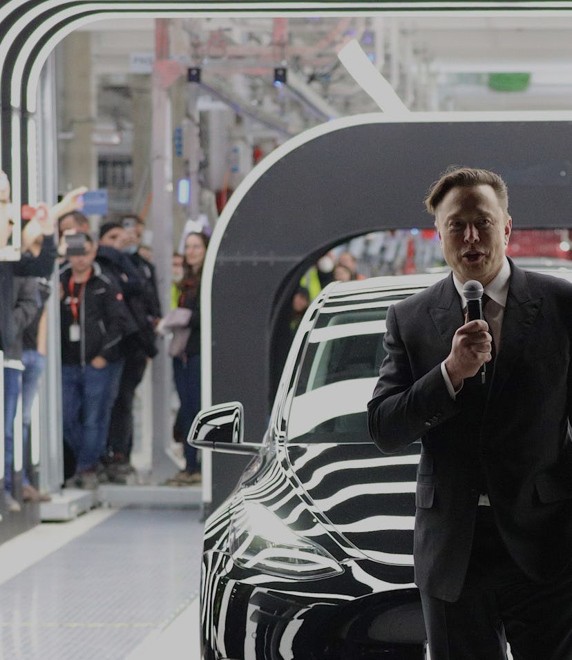 GRUENHEIDE, GERMANY - MARCH 22: Tesla CEO Elon Musk speaks during the official opening of the new Te...