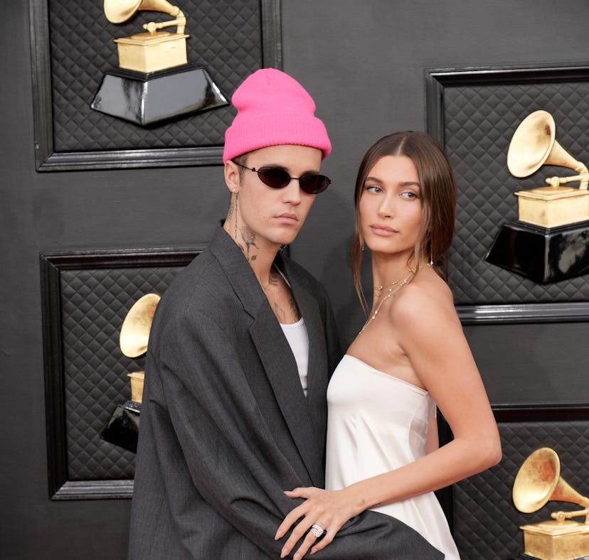 Hailey and Justin Bieber at the 2022 Grammys.