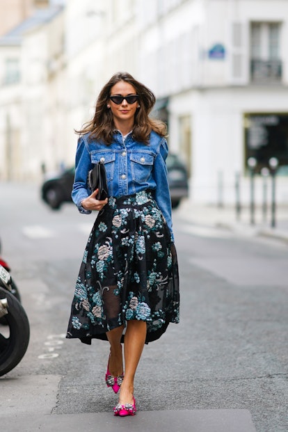 PARIS, FRANCE - OCTOBER 08: Therese Hellström wears sunglasses, blue denim jacket by Custommade,...