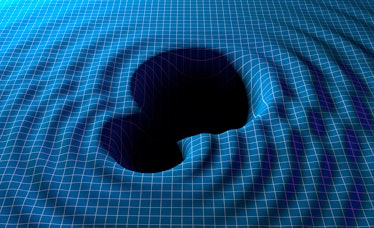 Illustration of two black holes orbiting each other, emitting gravitational waves. Gravitational wav...