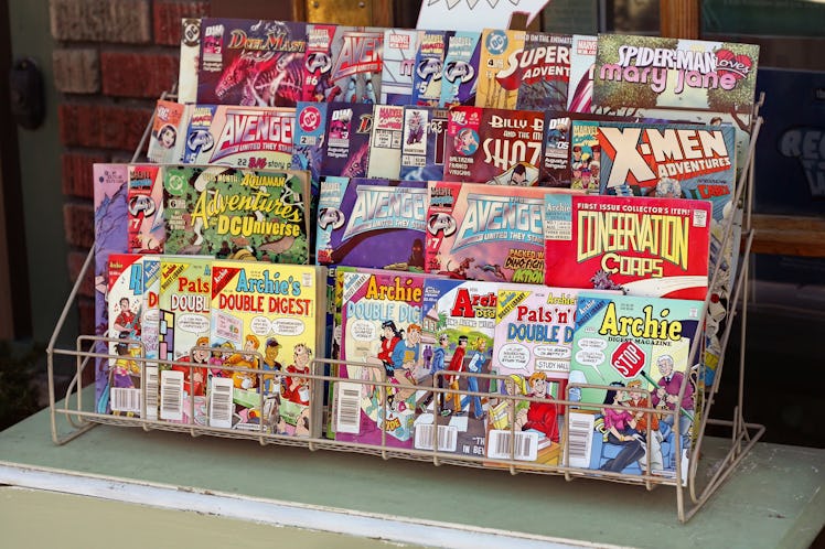 Assortment of popular comic books for sale outside of a comic book shop in downtown Spokane, Washing...