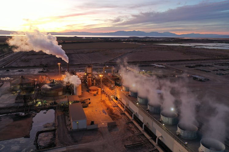 This aerial view shows vapor rising from a geothermal power station along the coast of the Salton Se...