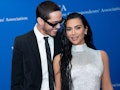US comedian Pete Davidson (L) and US television personality Kim Kardashian arrive for the White Hous...