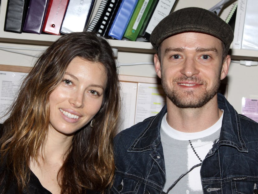 (EXCLUSIVE COVERAGE) Jessica Biel and boyfriend Justin Timberlake pose backstage at the hit broadway...