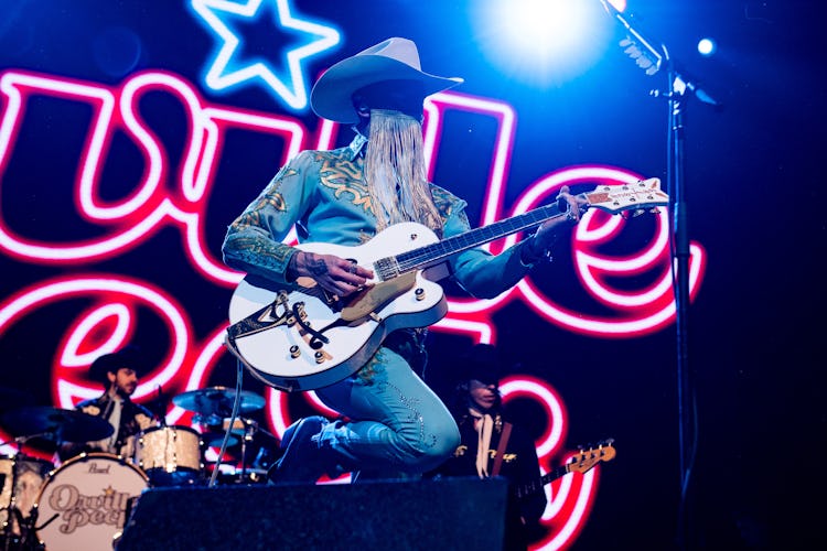 INDIO, CALIFORNIA - APRIL 30: Orville Peck performs on the Palomino stage during the 2022 Stagecoach...