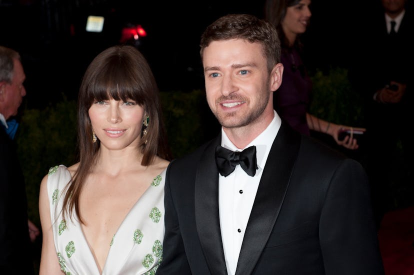 Jessica Biel and Justin Timberlake attend the Schiaparelli and Prada Costume Institute Benefit red c...