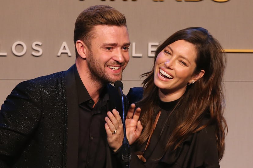 BEVERLY HILLS, CA - OCTOBER 23:  Honorees Justin Timberlake (L) and Jessica Biel accept the Inspirat...