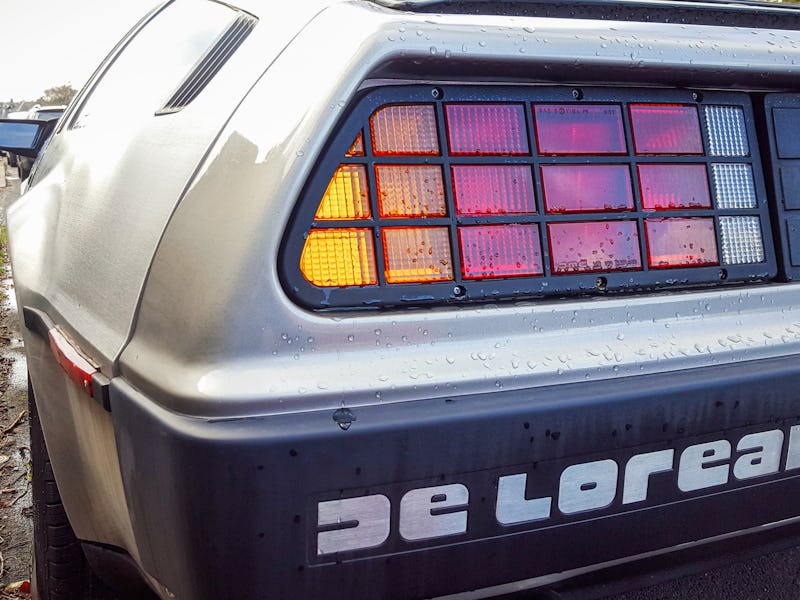 Edinburgh, UK - Close-up of the rear lights and branding of a DeLorean DMC-12 car, made by the DeLor...
