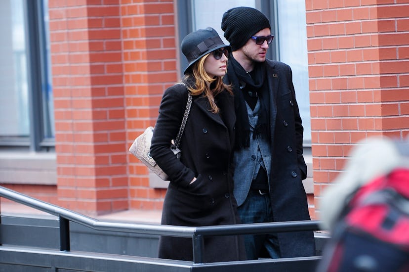 NEW YORK - FEBRUARY 18: Actors Jessica Biel (L) and Justin Timberlake leave their Tribeca apartment…