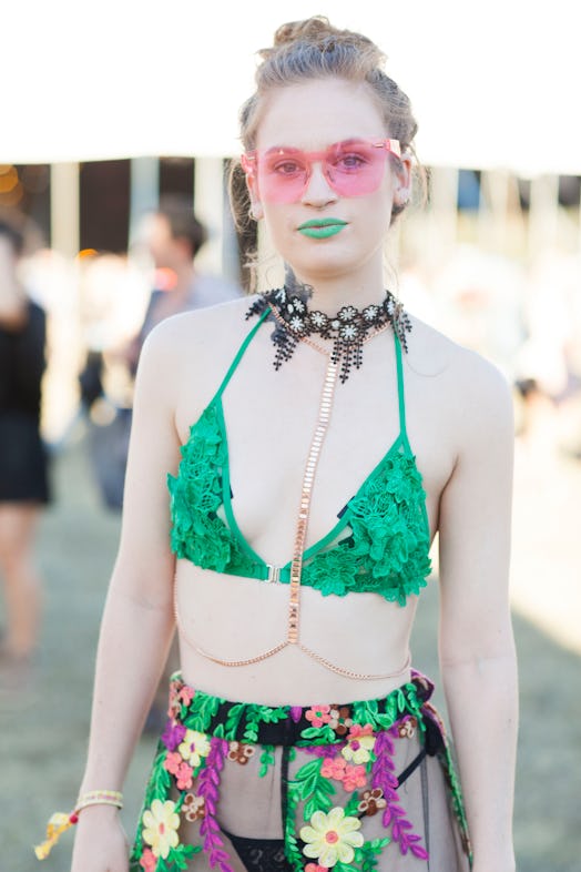 Festival goer wore a TikTok summer trending body chain during Splendour in the Grass 2017 on July 23...